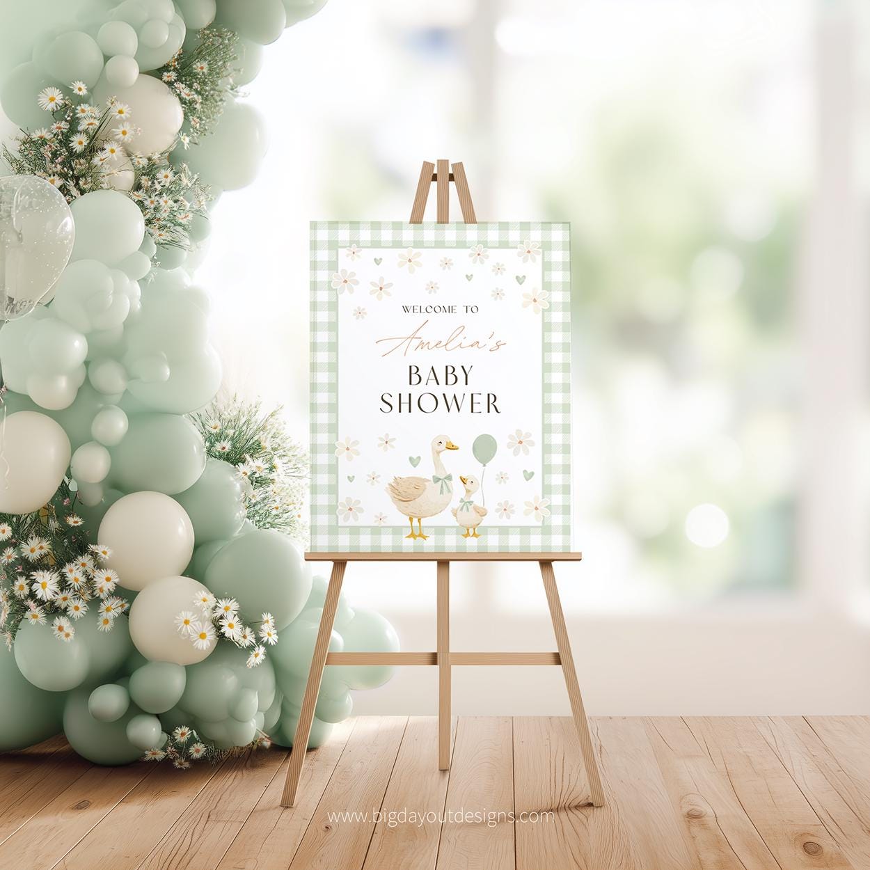 Spring baby shower sign in sage green gingham