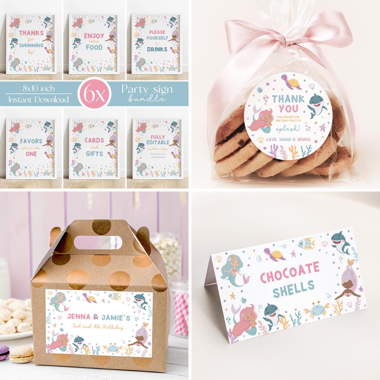 Printable mermaid and shark birthday decor bundle