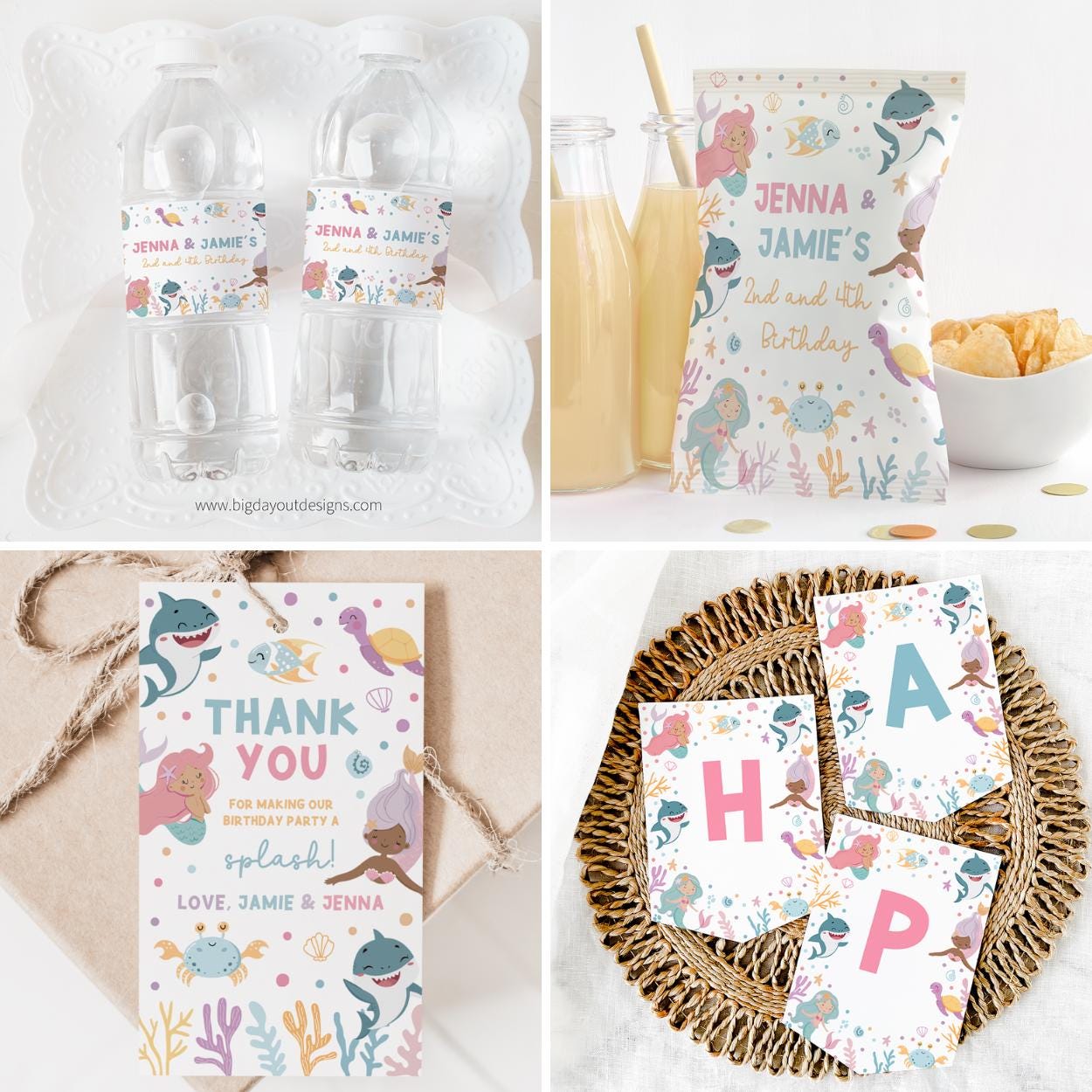 Pastel mermaid and shark party favor labels