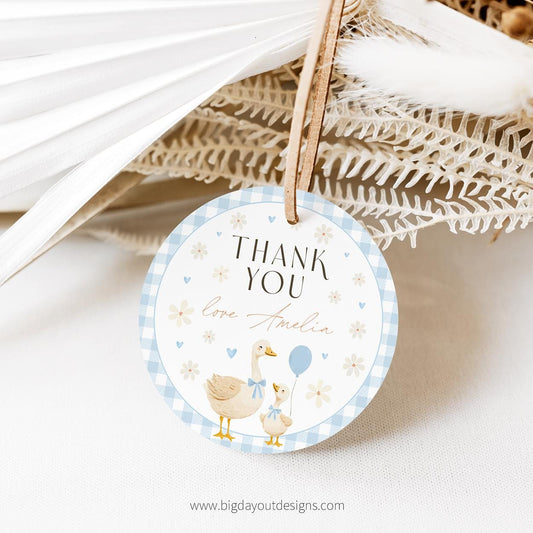 Editable little goose favor tags for goose-themed first birthday party