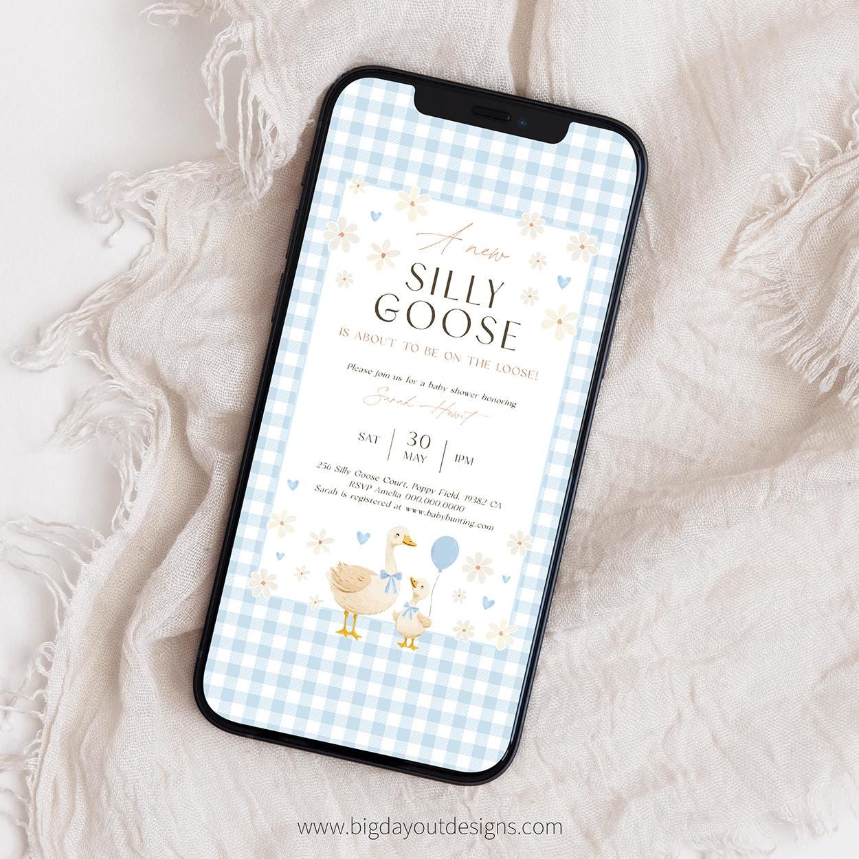 Goose baby shower evite blue gingham design