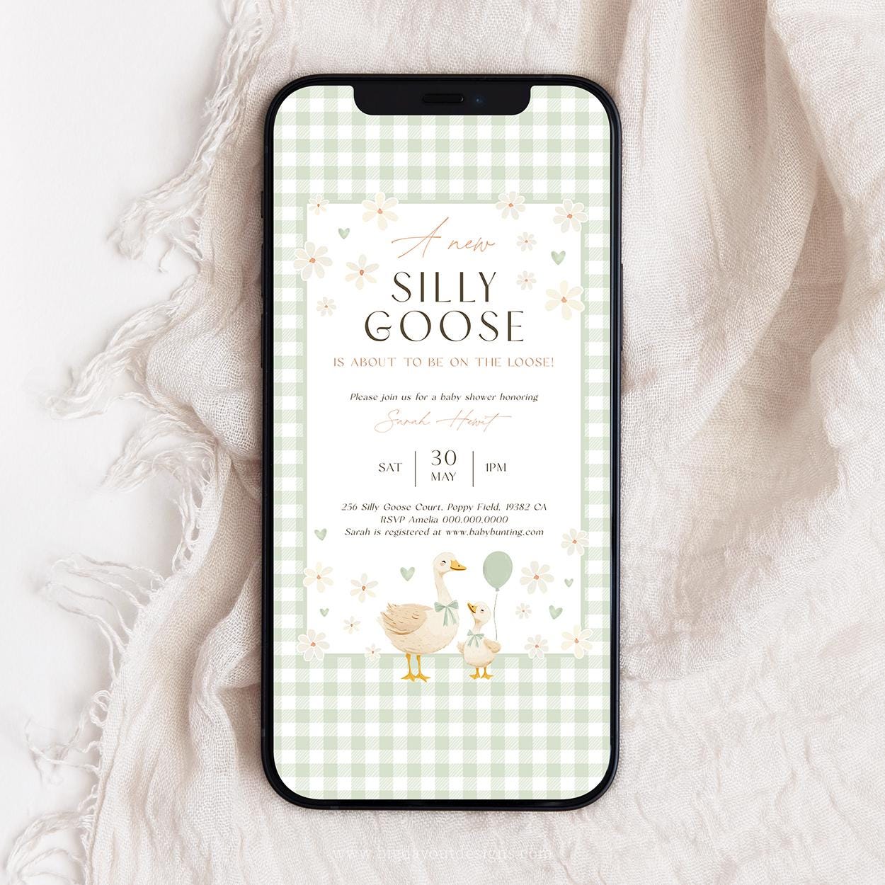 Printable goose baby shower evite sage green gingham