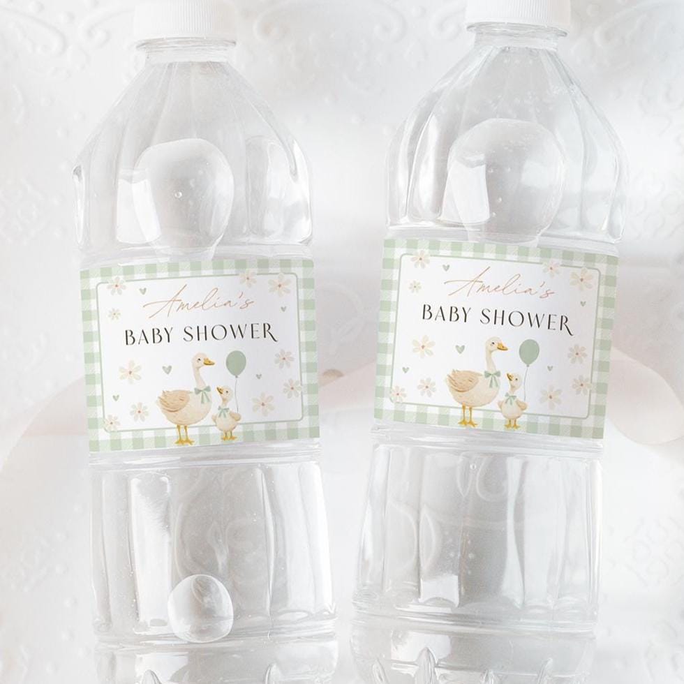 Printable silly goose water bottle wrap sage green gingham