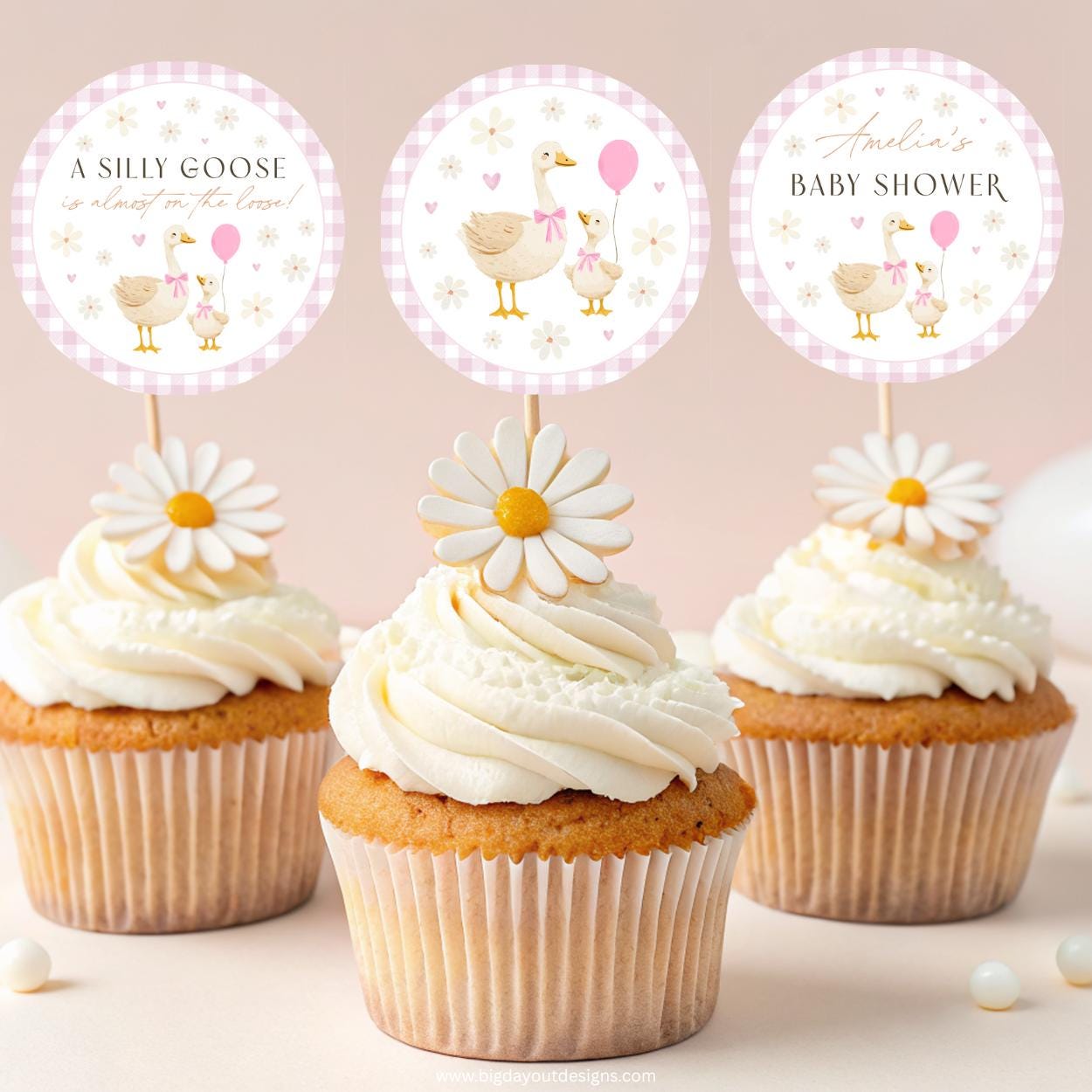 Printable silly goose cupcake toppers pink bow gingham