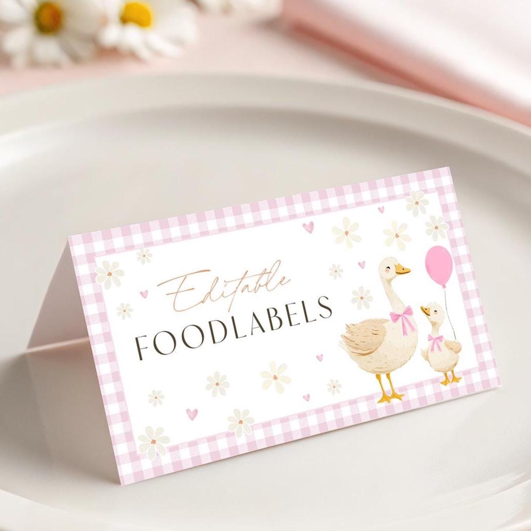 Editable mother goose baby shower food card pink gingham