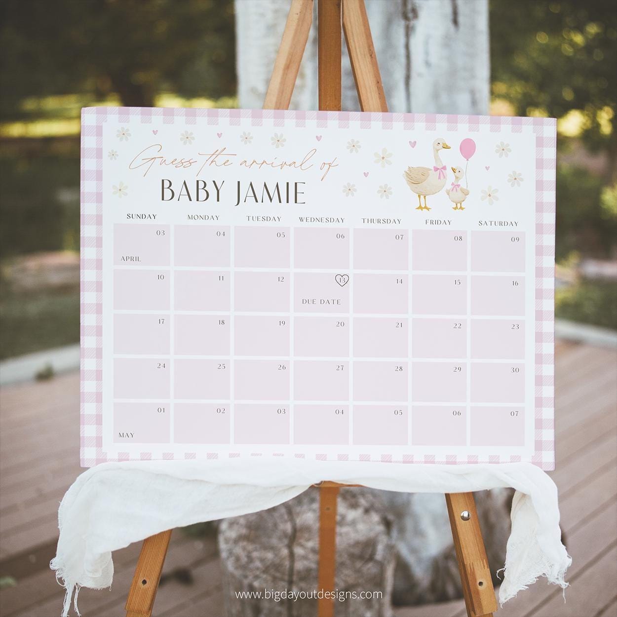 Pink gingham baby shower calendar sign