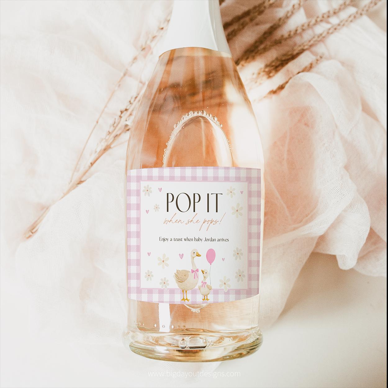 Pink gingham wine favor label for girl baby sprinkle
