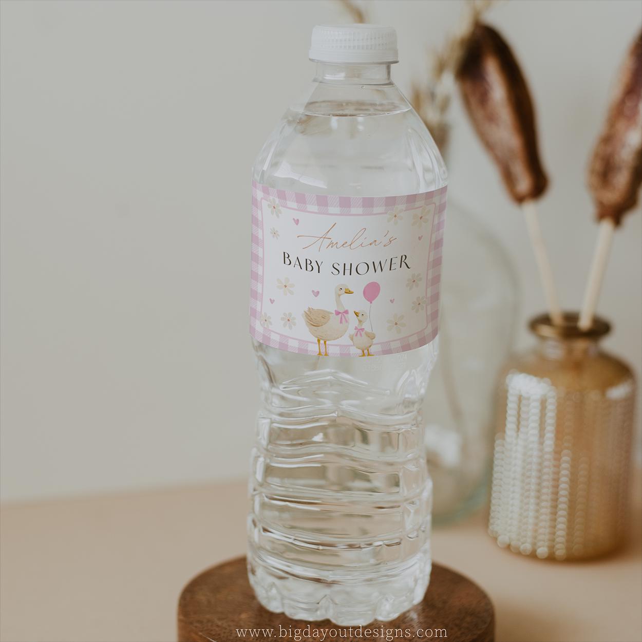 Pink gingham water bottle label for girl party