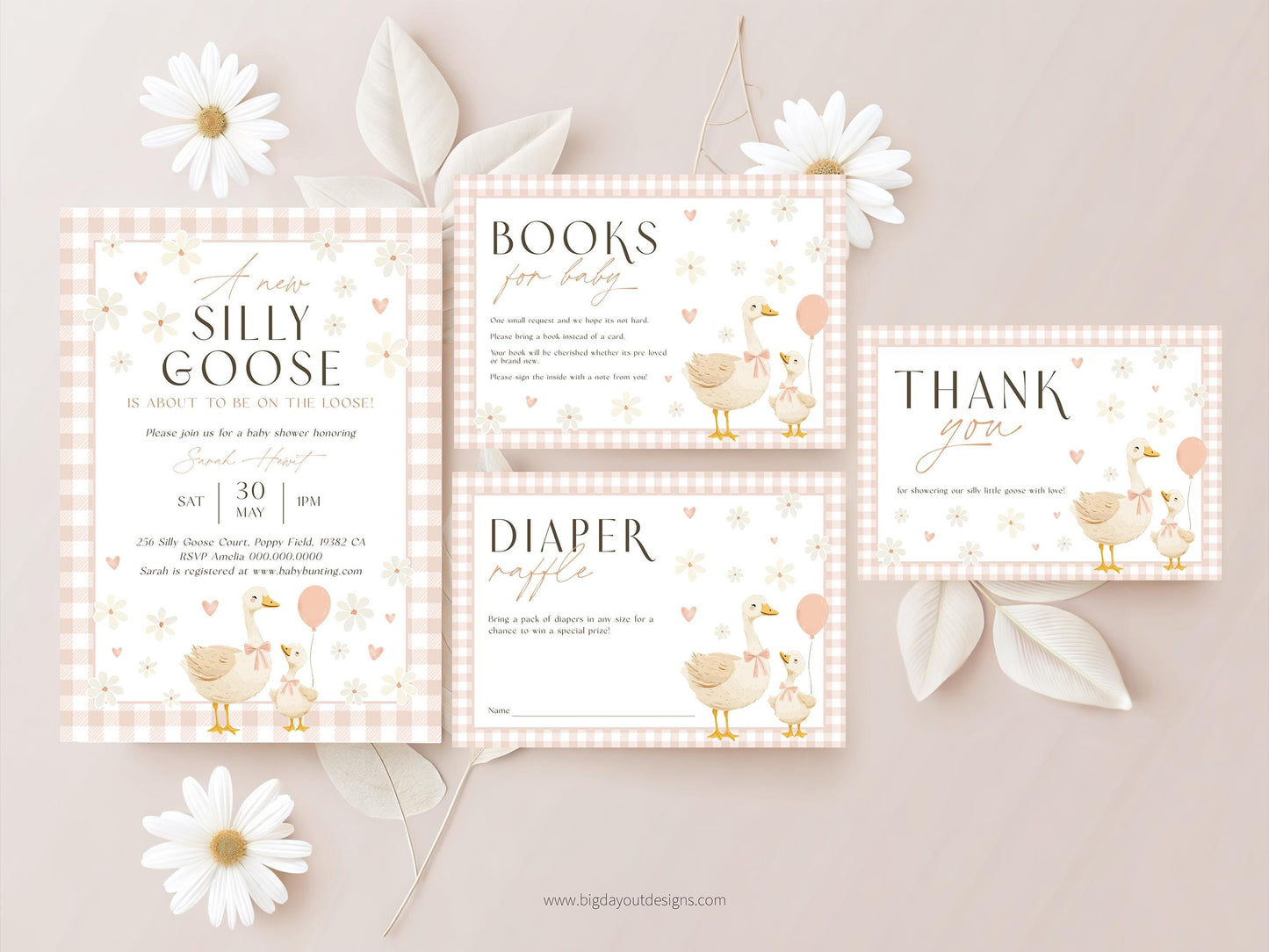Peach gingham silly goose baby shower invitation for girls