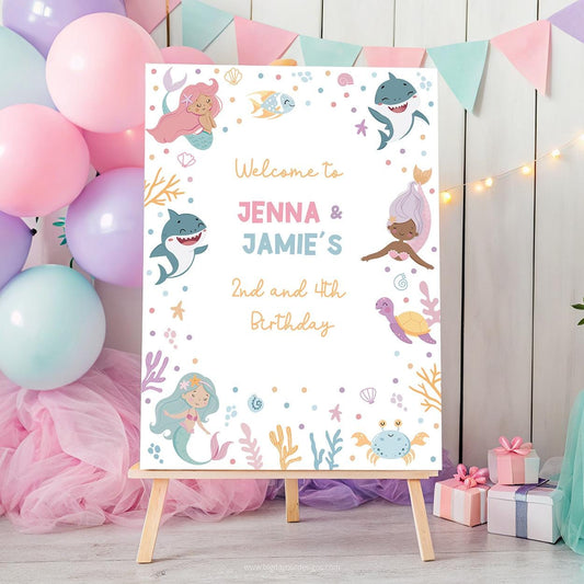 Editable ocean theme double birthday party poster
