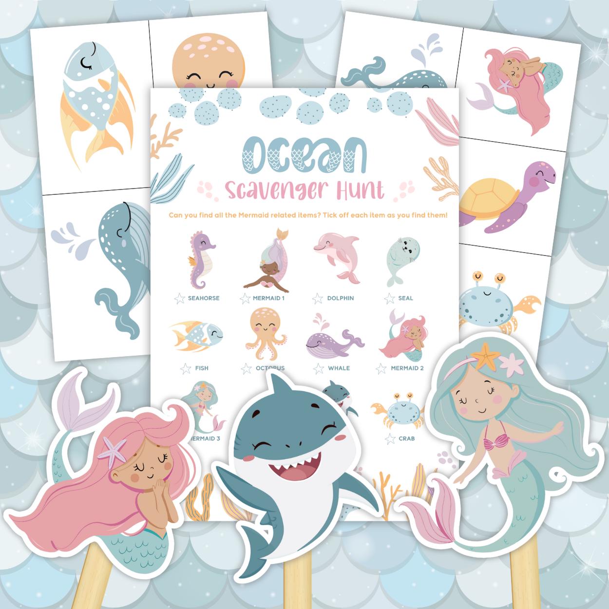 Printable mermaid and shark scavenger hunt for kids