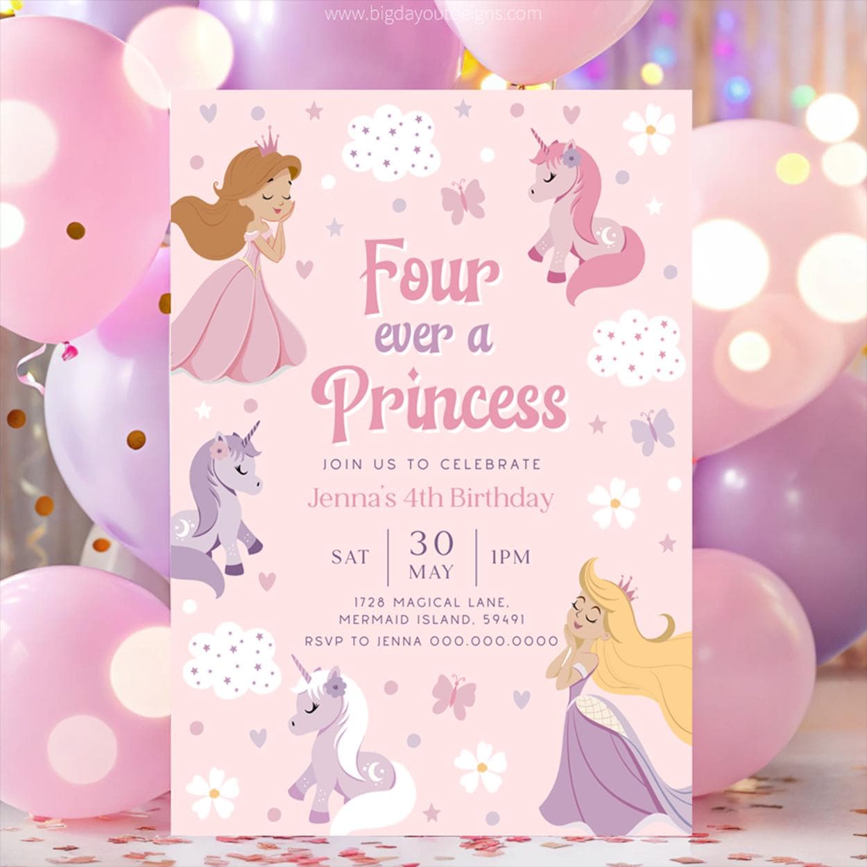 Forever a Princess 4th birthday invitation
