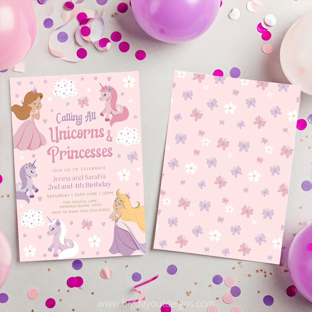 Editable unicorn princess birthday card