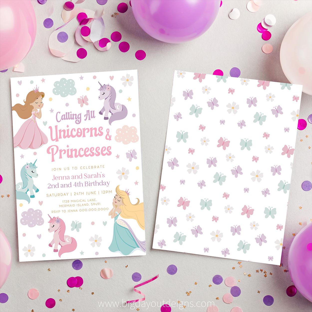 Editable unicorn princess party invite digital download