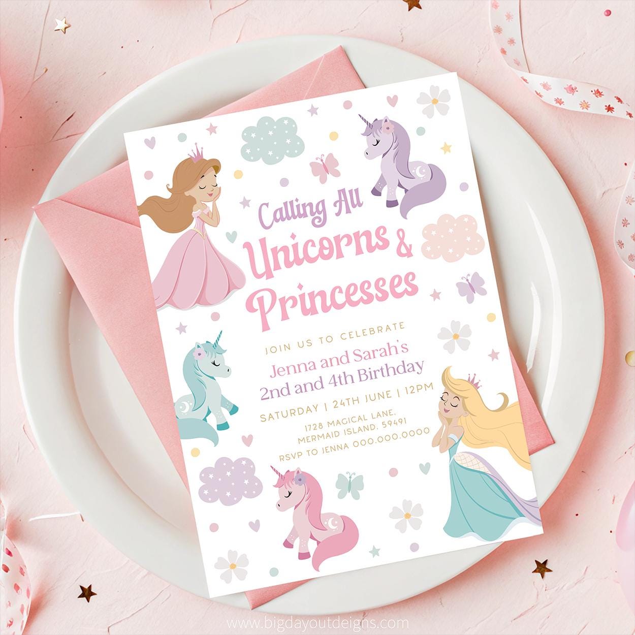 Magical joint birthday invite for sisters unicorn party