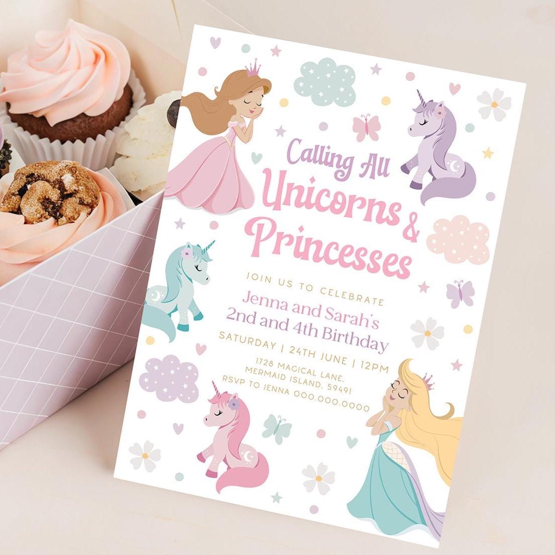 Pastel unicorn and princess joint birthday invitation