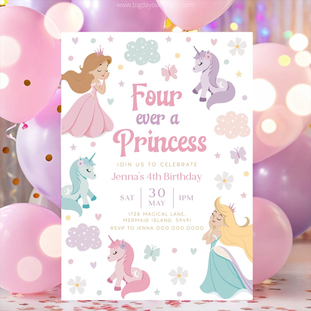 Unicorn birthday invite for magical Four Ever princess party