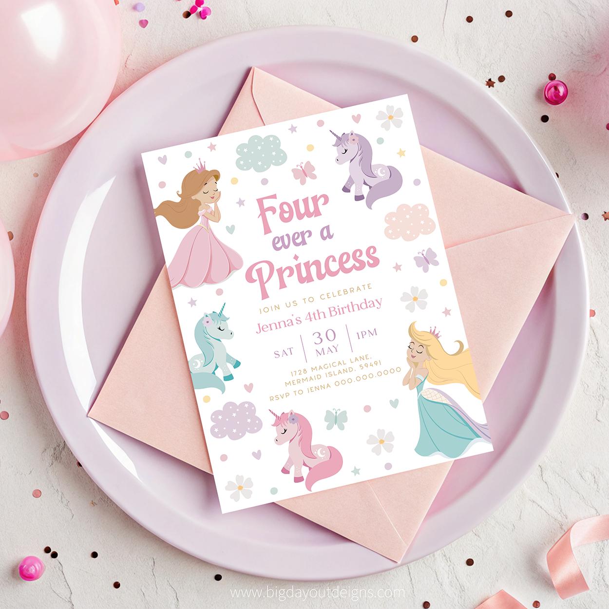Unicorn birthday invite for magical Four Ever princess party