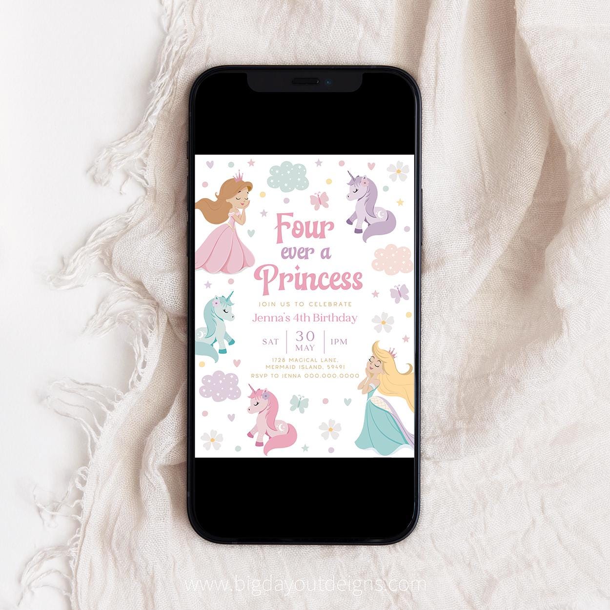 Pink pastel girl princess party invitation template