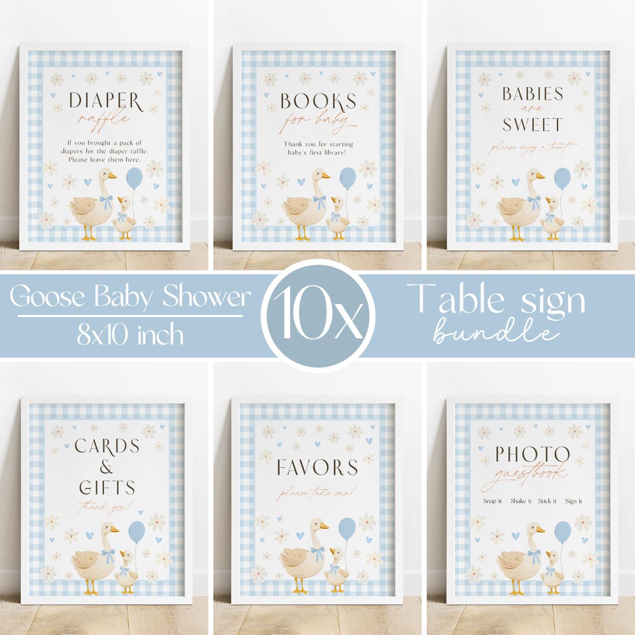 Printable blue gingham Mother Goose baby shower sign