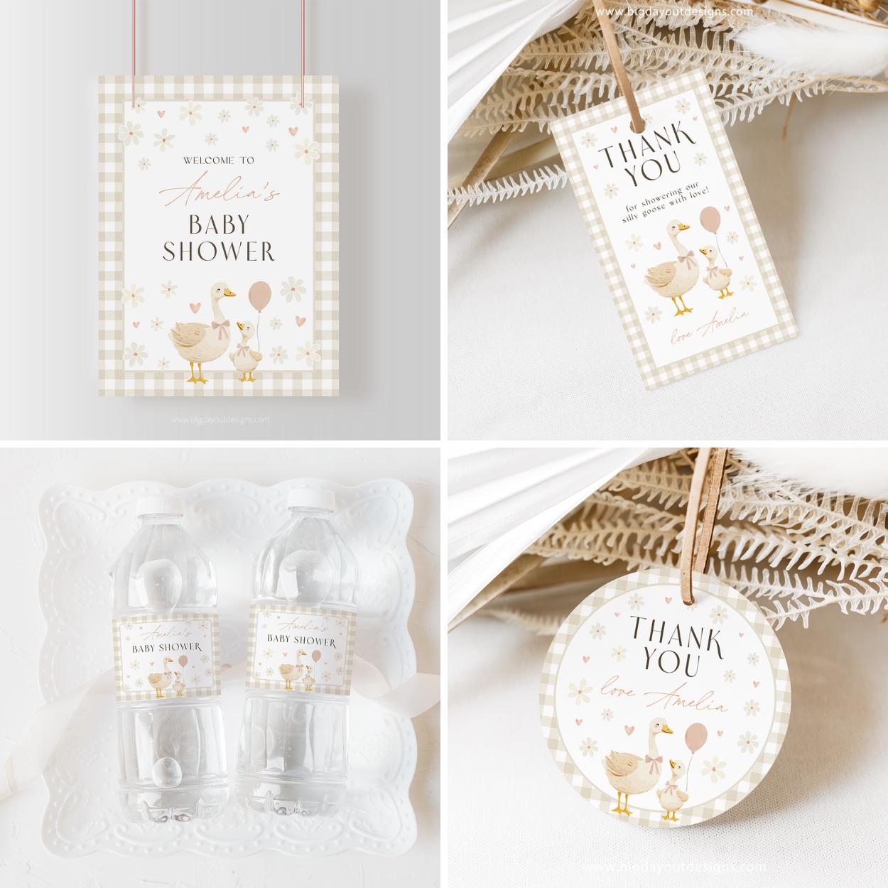 Silly goose baby shower invitation gender neutral gingham