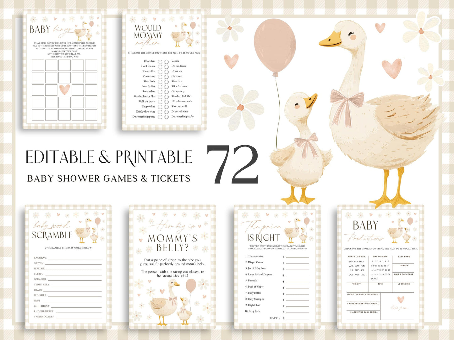 Gender neutral silly goose baby shower games bundle