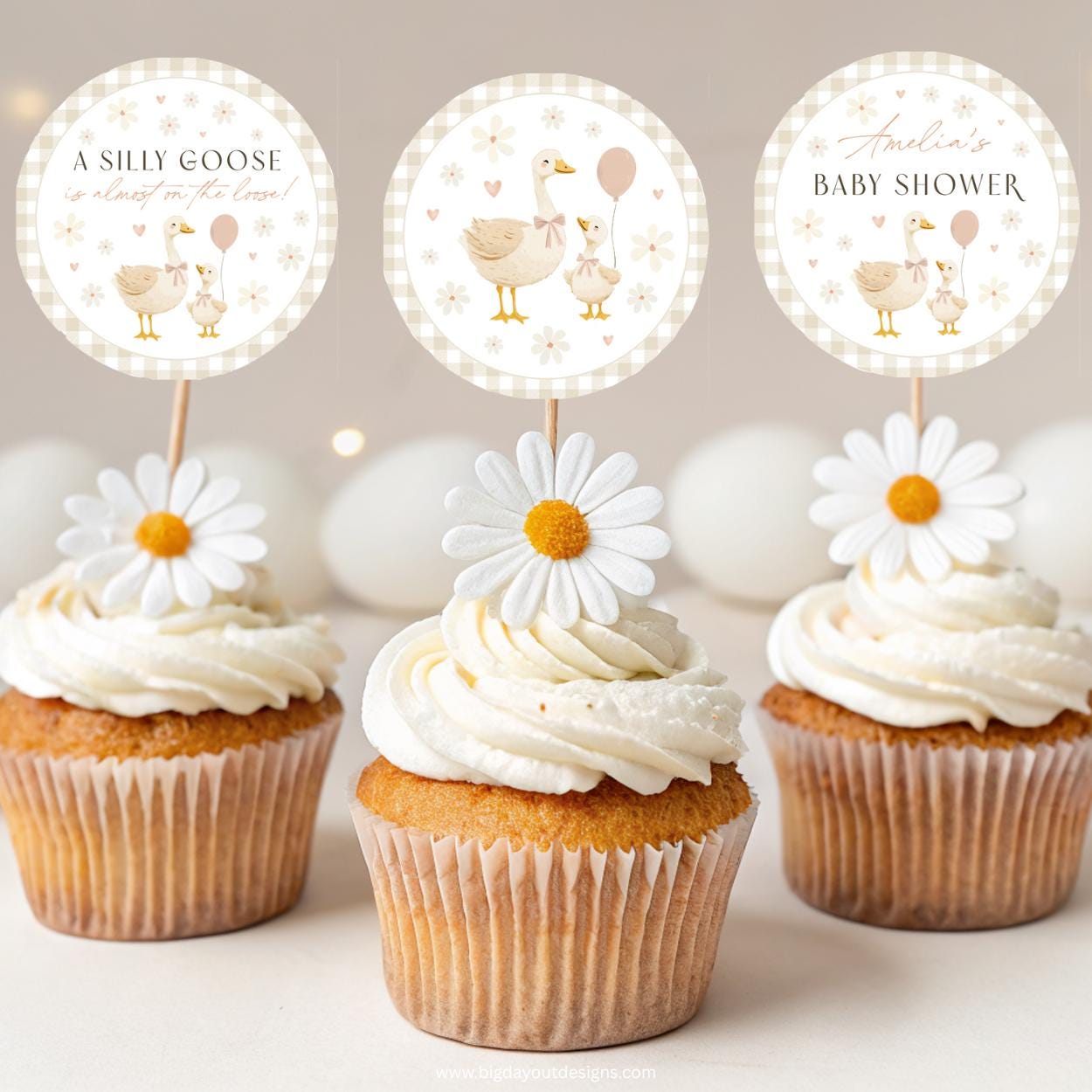 Editable gingham goose cupcake toppers