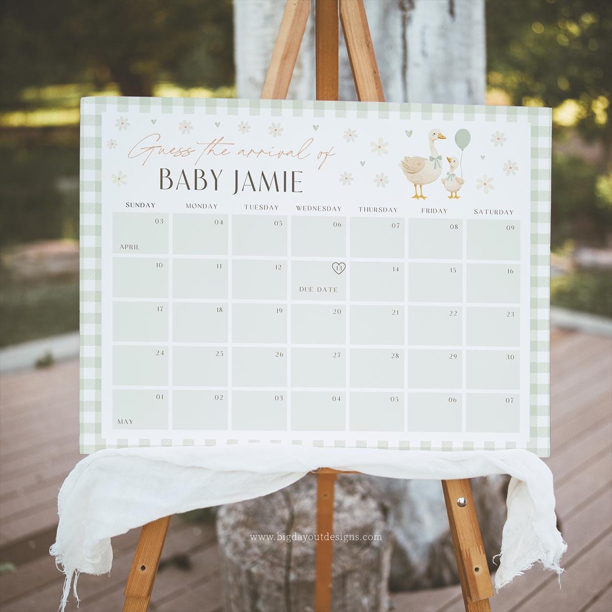 Guess baby’s birth date calendar sage green