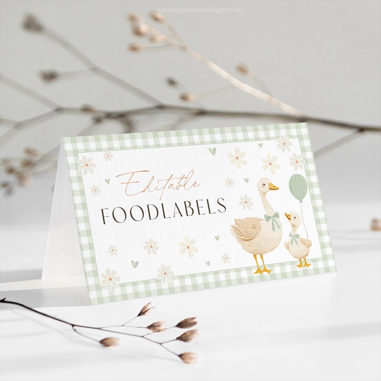 Editable sage green goose table card
