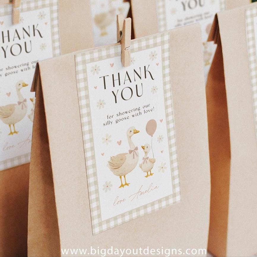 Printable silly goose thank you tag gender neutral gingham
