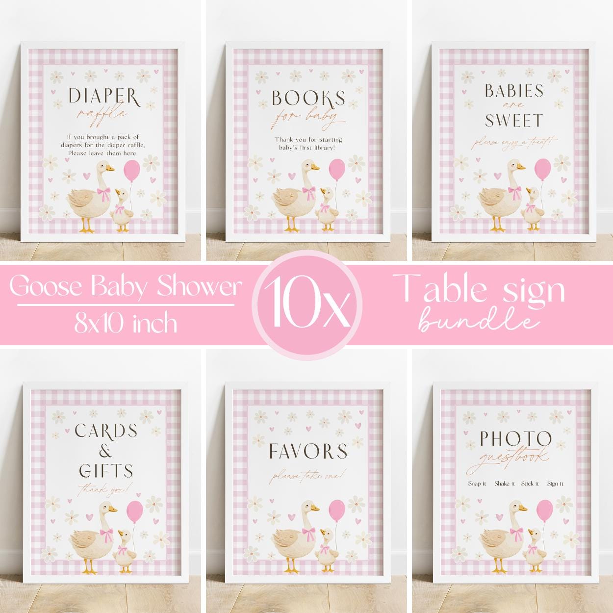 Editable mother goose baby shower table sign pink gingham