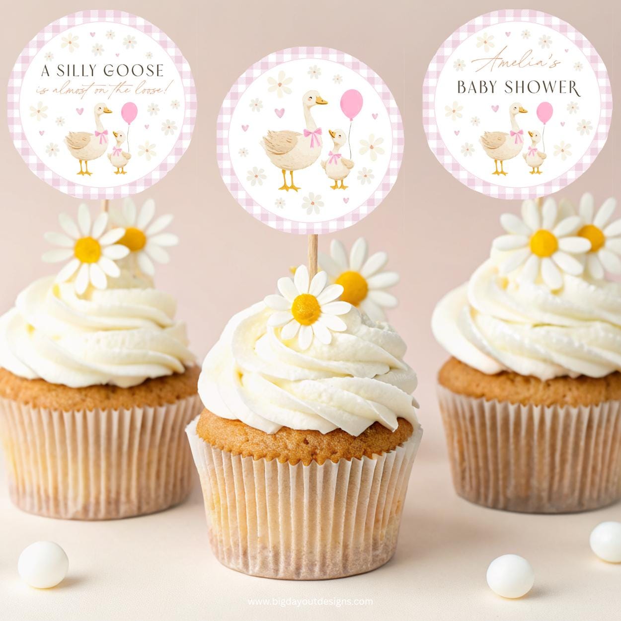 Pink floral goose cupcake favor label
