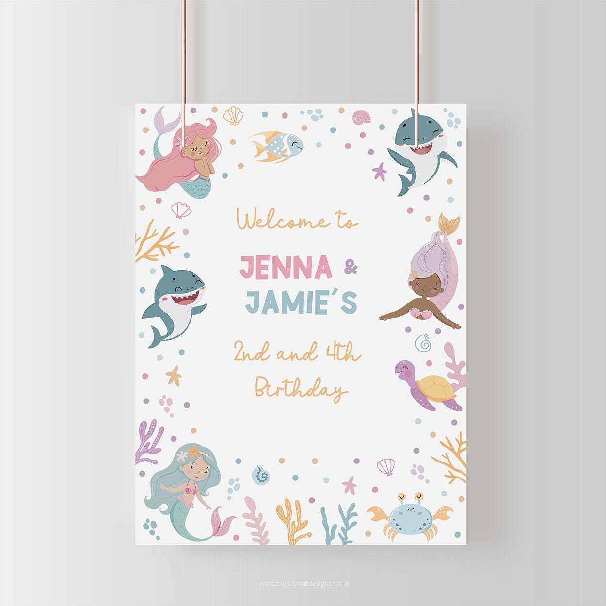 Boy and girl sibling celebration mermaid and shark decor