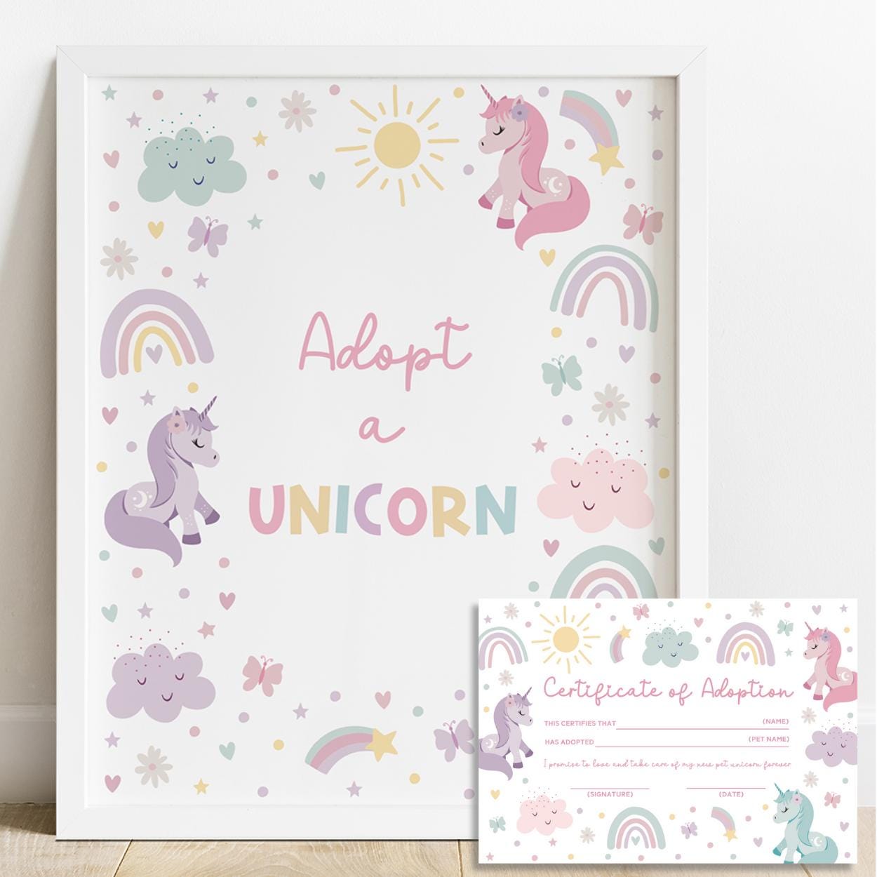 Adopt a unicorn sign printable for kids birthday