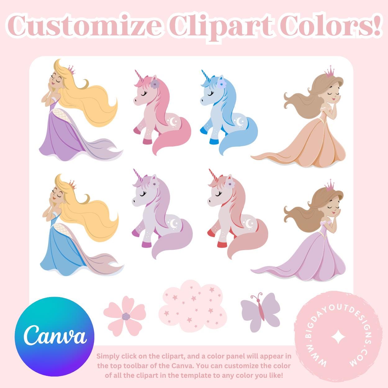 Editable Canva 4th birthday invite for girl princess party