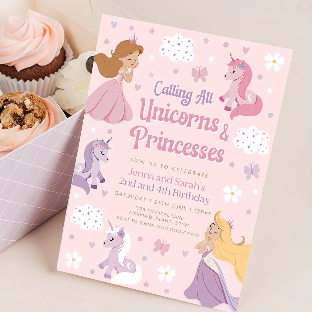 Double birthday unicorn princess invitation