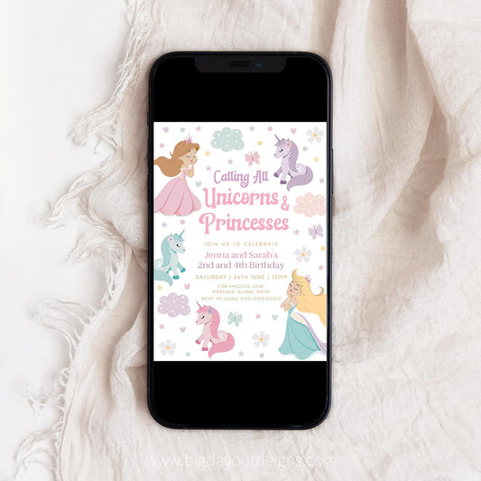 Printable girl sibling birthday invitation with pastel theme
