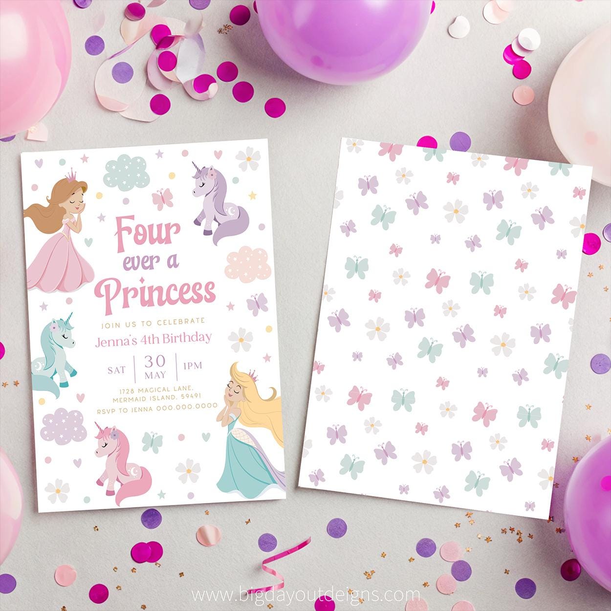 Printable unicorn and rainbow theme fourth birthday invite