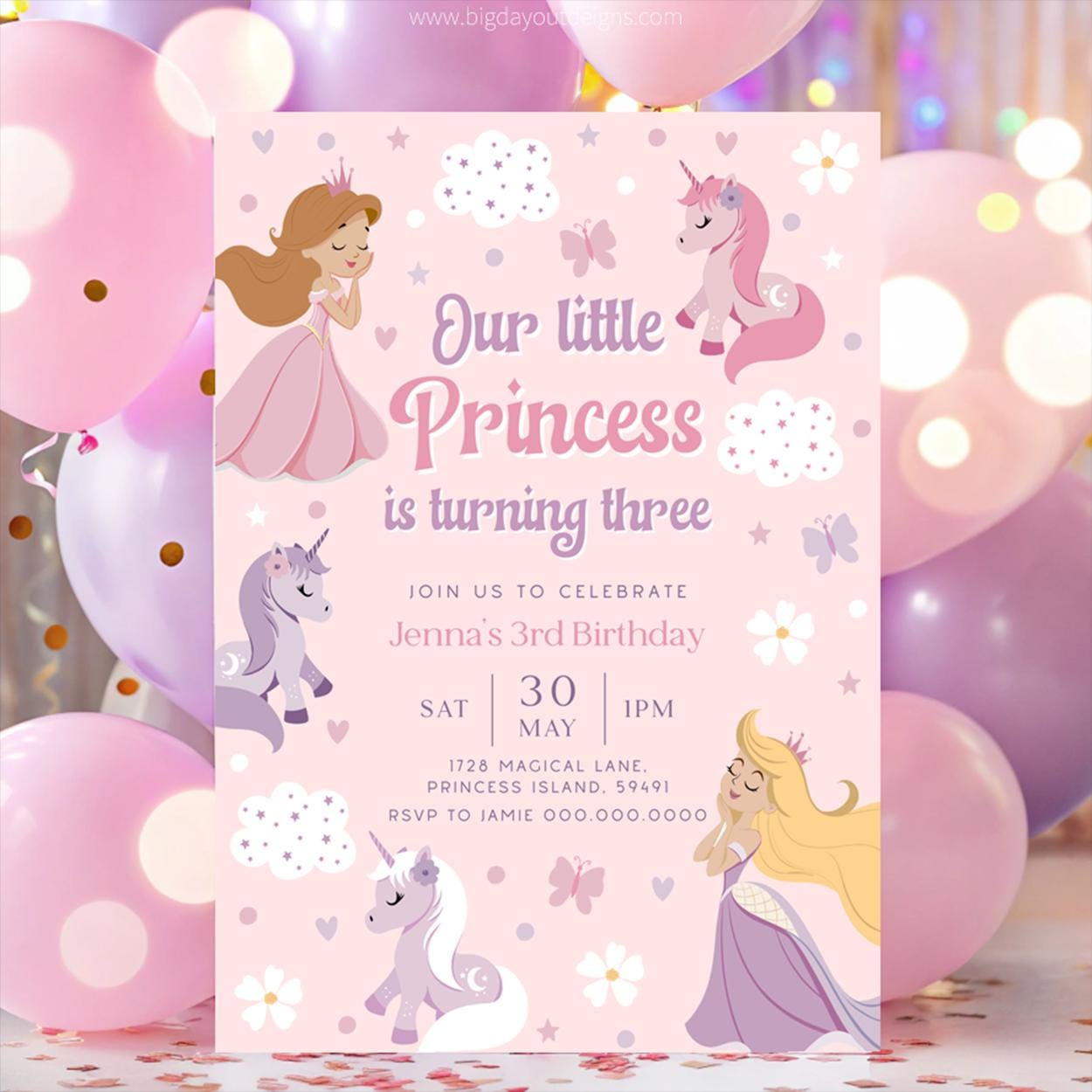 Little princess unicorn birthday invite design