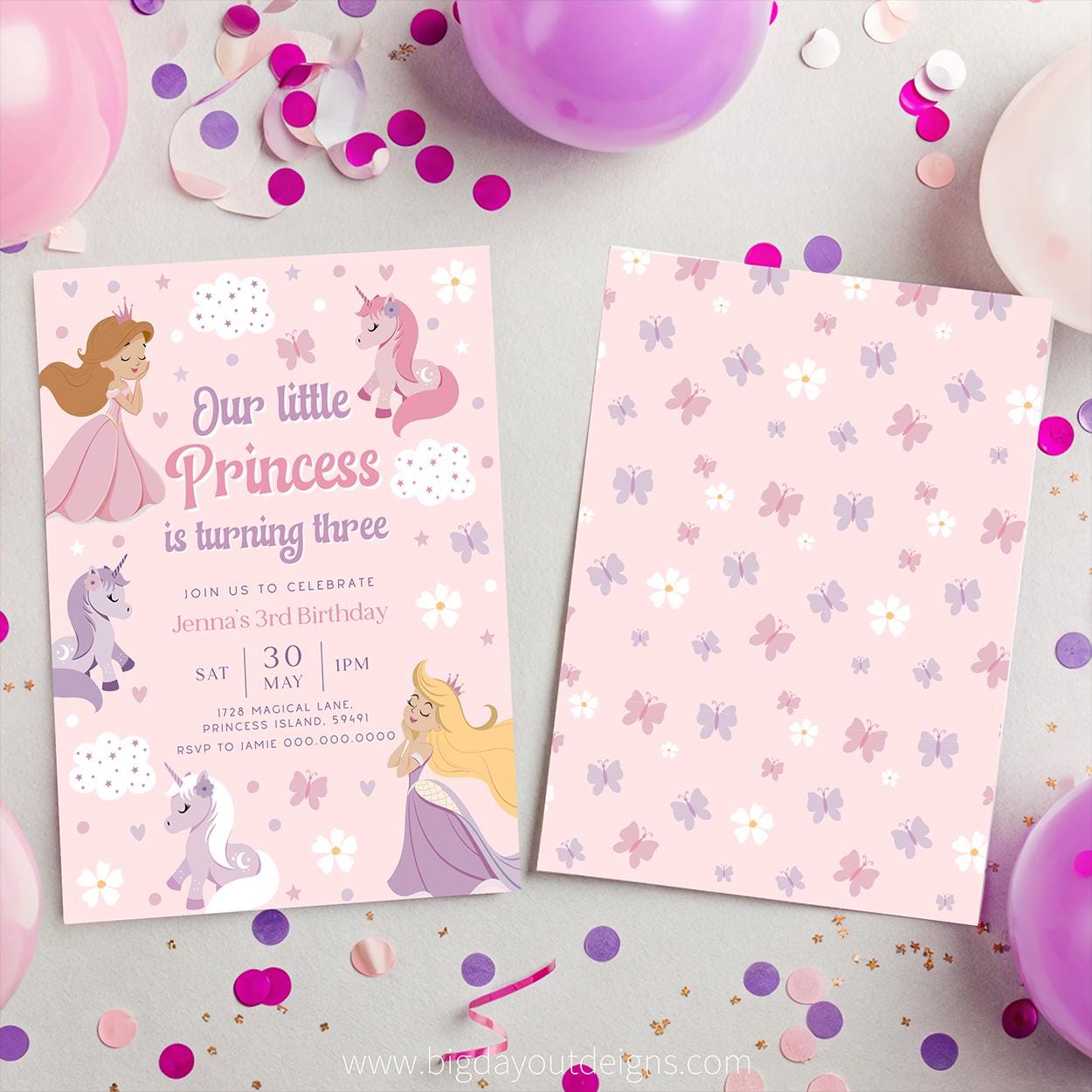 Editable Canva unicorn and princess birthday template