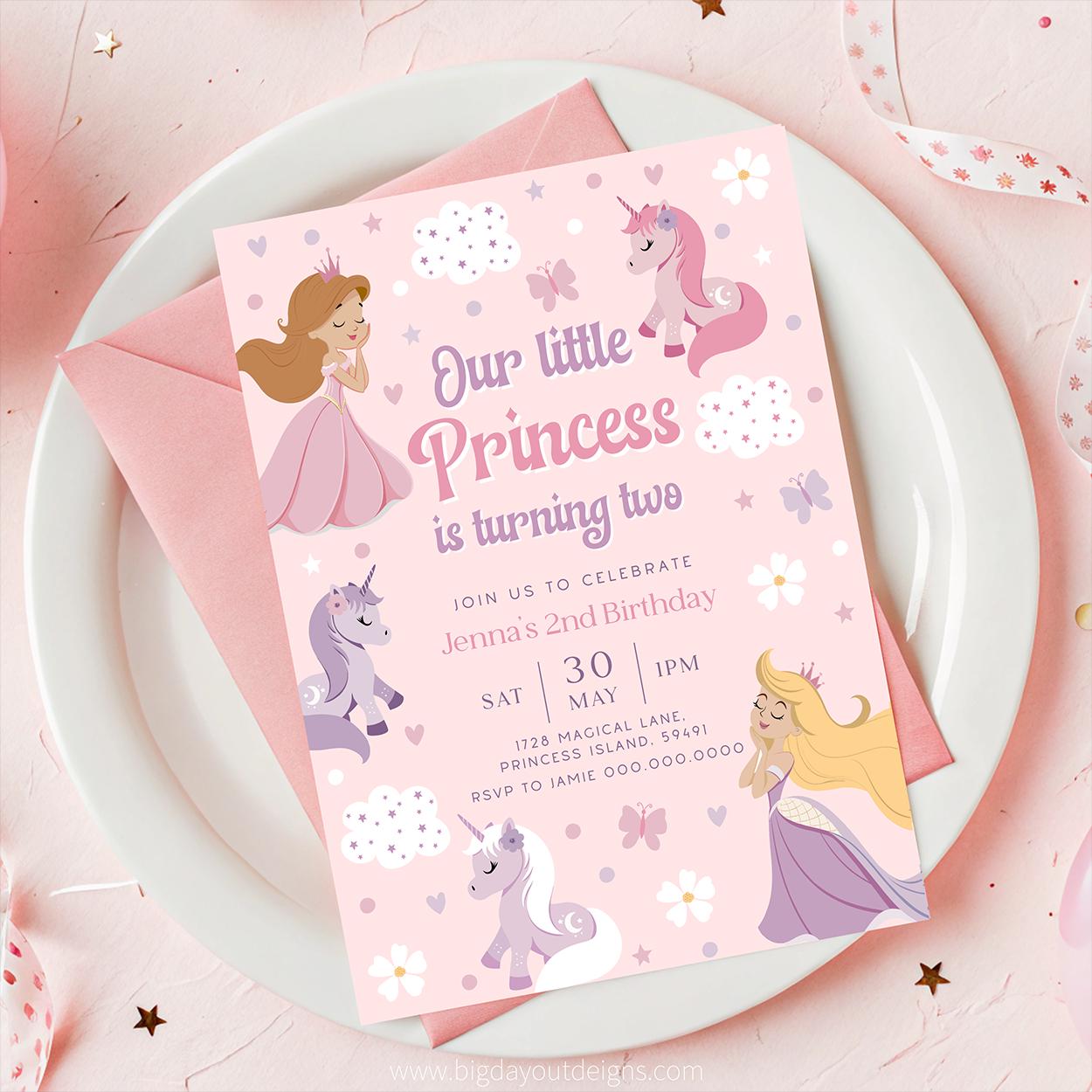 Unicorn princess 2nd birthday invitation