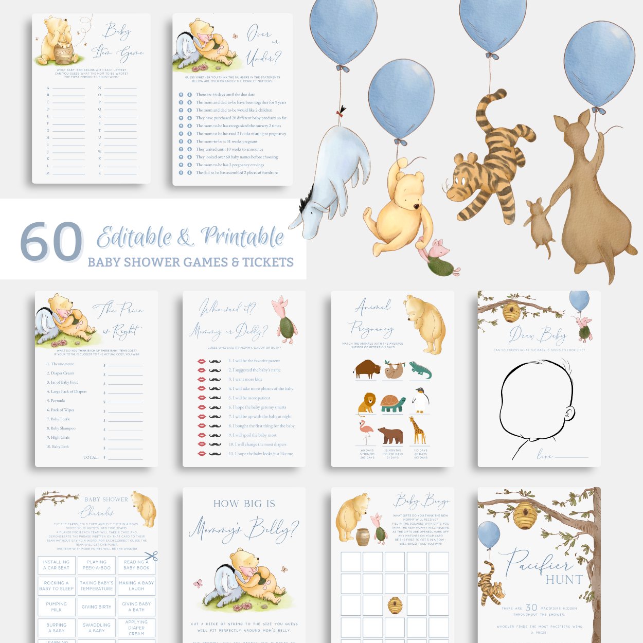 Winnie the Pooh 60x Baby Shower Games Bundle - Big Day Out