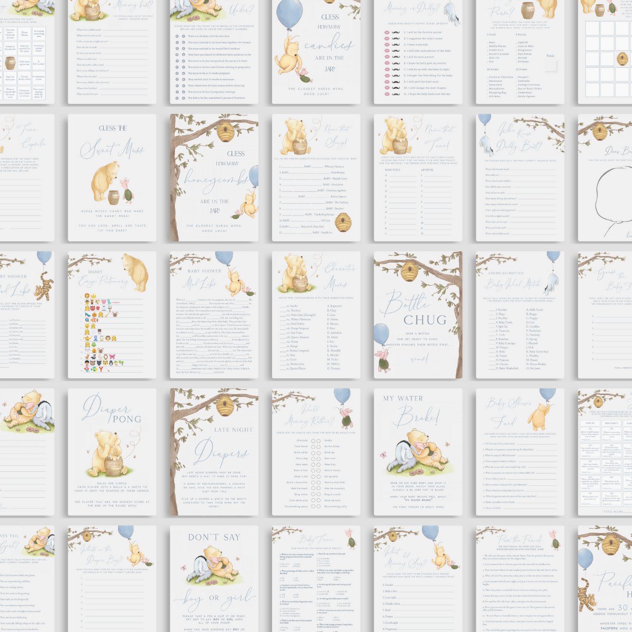 Winnie the Pooh 60x Baby Shower Games Bundle - Big Day Out