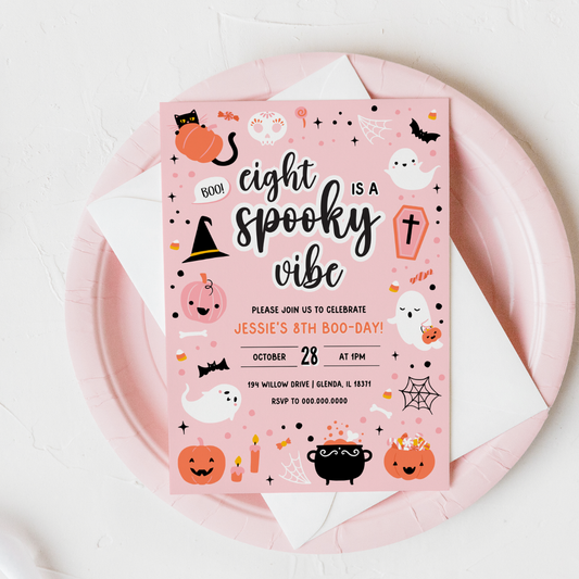 Pink Ghost Halloween 8th Birthday Invitation