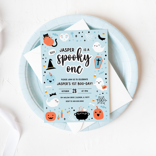 Blue Ghost Halloween 1st Birthday Invitation