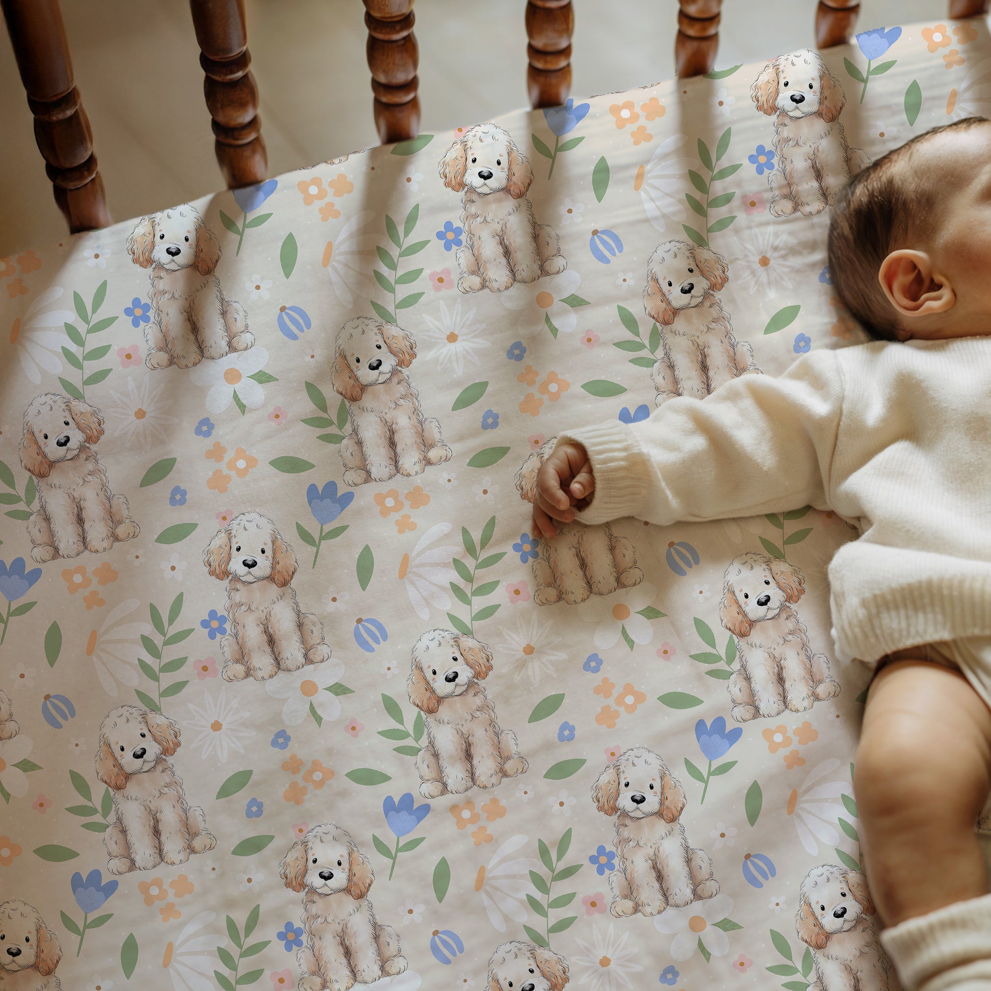 Crib with a cute poodle puppy in cottagecore style, surrounded by pastel florals and foliage -patterned mattress cover on a white background