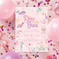 Birthday invitation card with ocean-themed illustrations on a pink background with balloons and confetti.