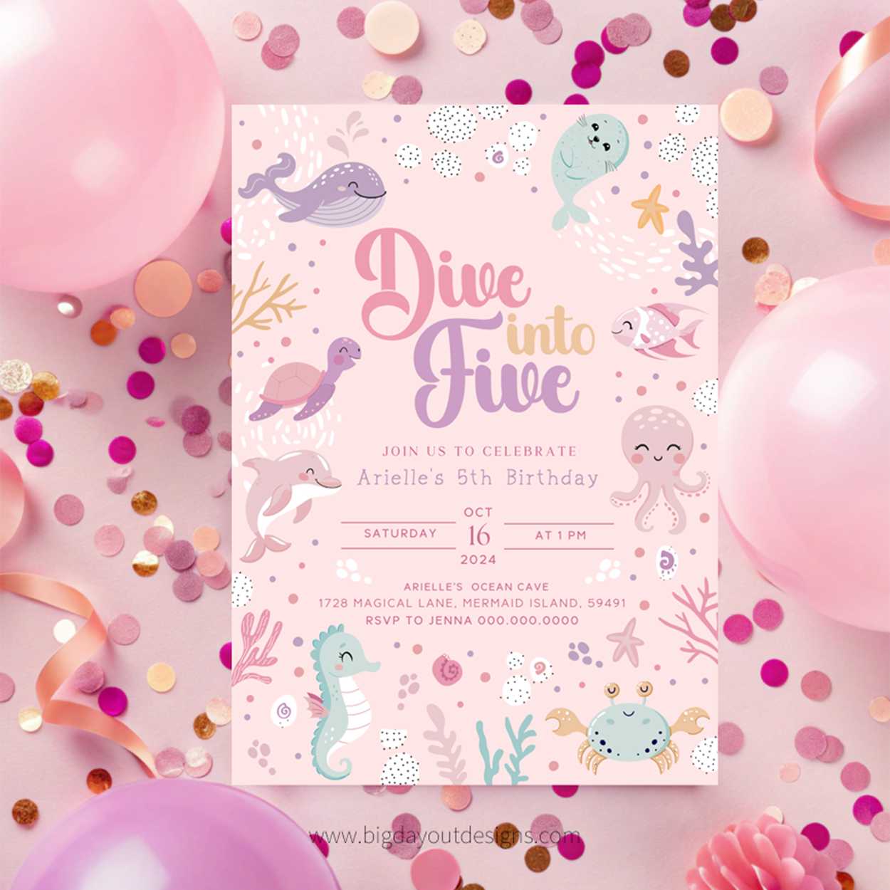 Birthday invitation card with ocean-themed illustrations on a pink background with balloons and confetti.