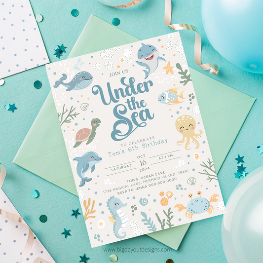 Under the Sea birthday party invitation on a colorful background with sea creature illustrations.