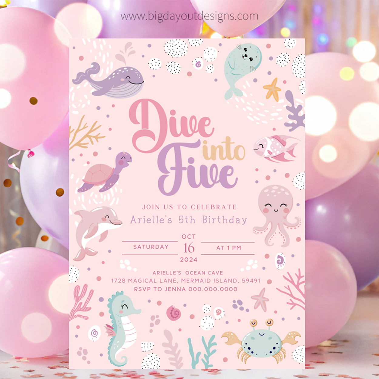Underwater-themed birthday invitation with sea creatures and balloons in the background